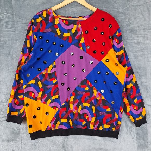 Womens Top Large Vintage Statement Colorful Patchwork Unique Sequins Dopamine - Picture 1 of 7